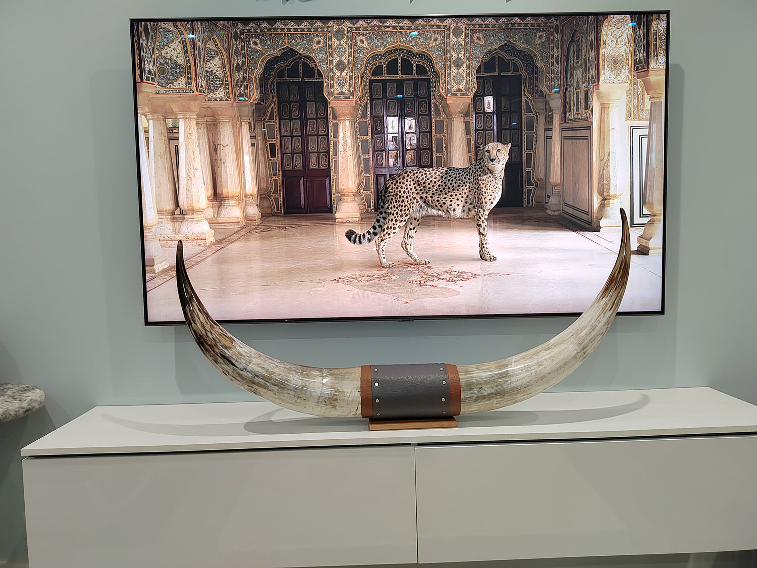 Authentic Real Bull Longhorn/Leather Horn Mount - 50" to 53" - Steer Horns Truck Wall Hangings and Wall Decor