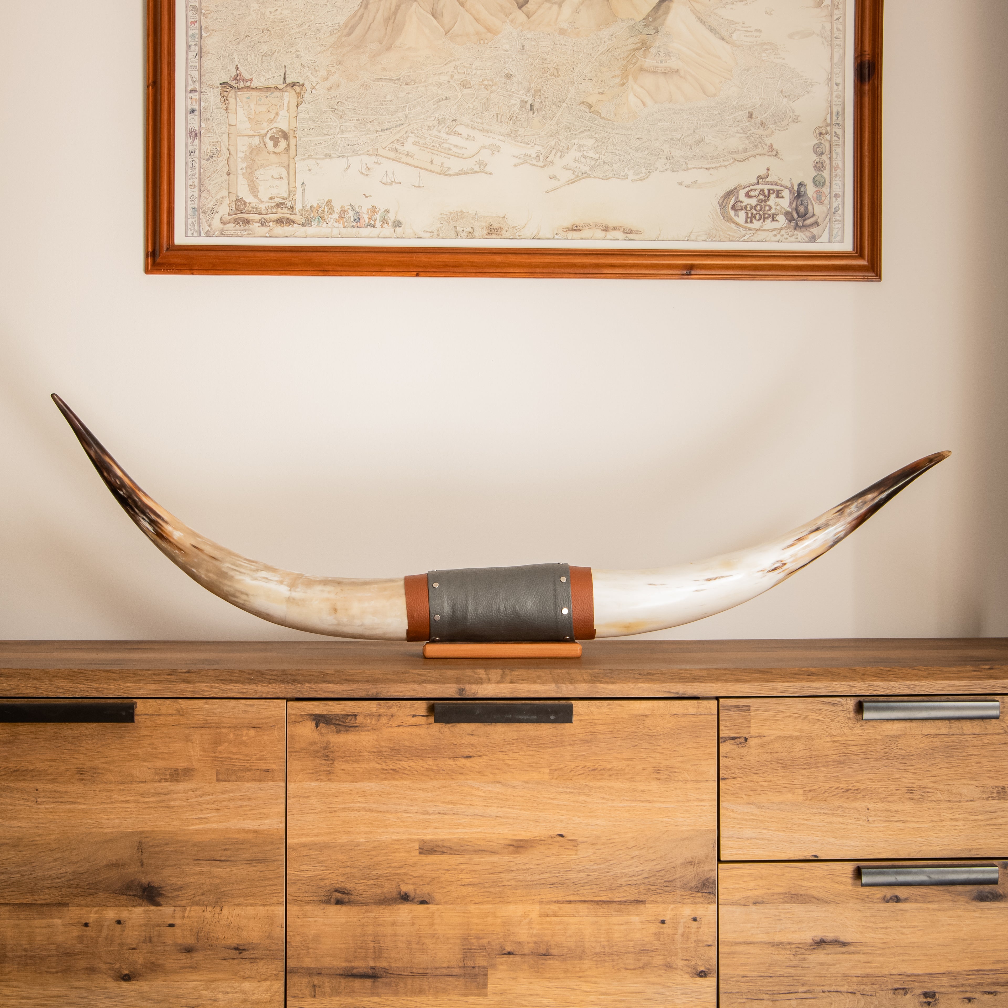 Authentic Real Bull Longhorn/Leather Horn Mount - 50" to 53" - Steer Horns Truck Wall Hangings and Wall Decor